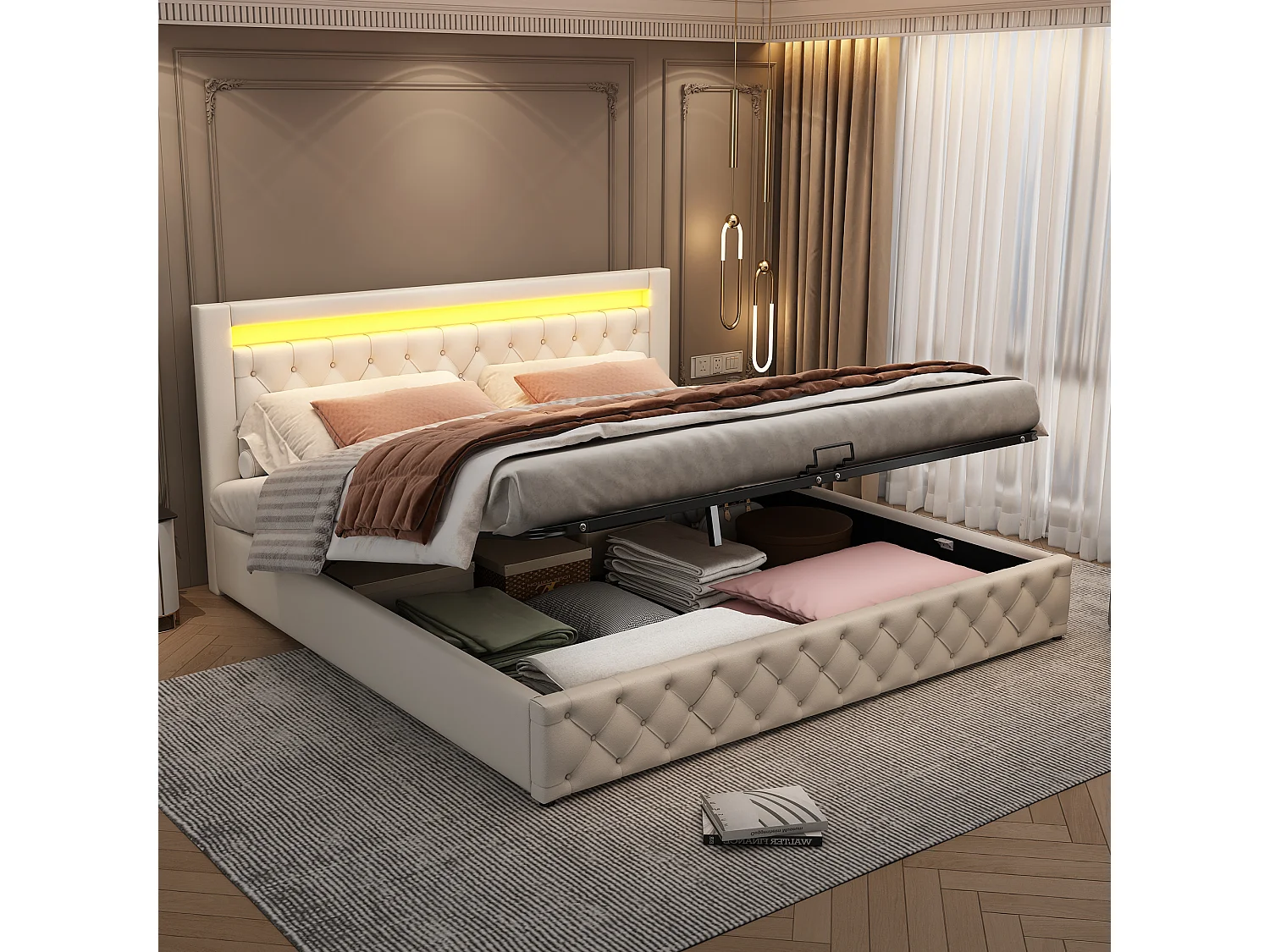 Lit 180x200 cm, lit tapissé avec rangement et LED télécommandable, tissu PU, somier inclus, sans matelas, blanc