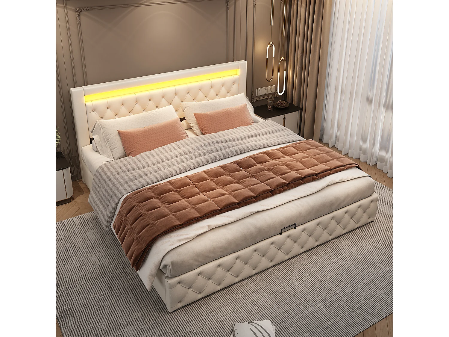 Lit 180x200 cm, lit tapissé avec rangement et LED télécommandable, tissu PU, somier inclus, sans matelas, blanc