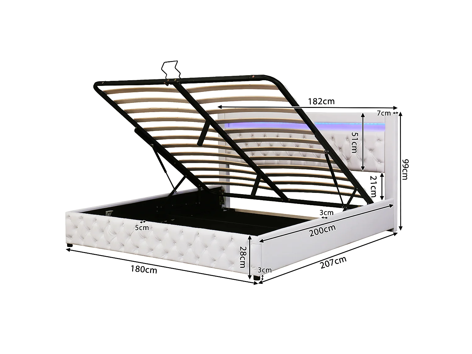 Lit 180x200 cm, lit tapissé avec rangement et LED télécommandable, tissu PU, somier inclus, sans matelas, blanc