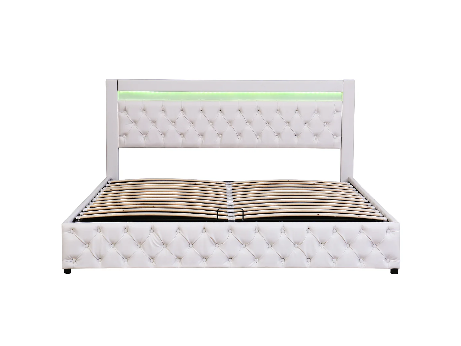 Lit 180x200 cm, lit tapissé avec rangement et LED télécommandable, tissu PU, somier inclus, sans matelas, blanc