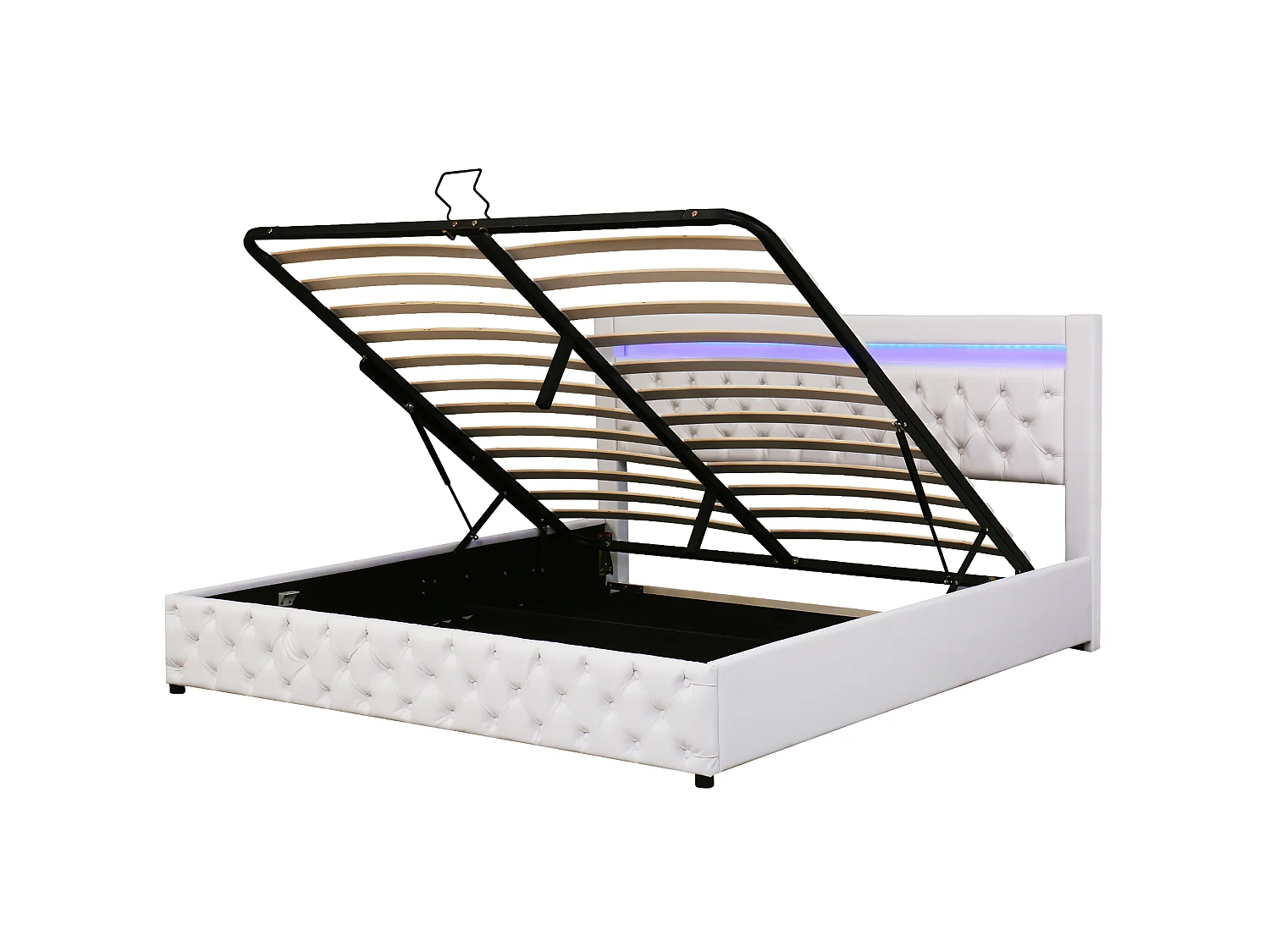 Lit 180x200 cm, lit tapissé avec rangement et LED télécommandable, tissu PU, somier inclus, sans matelas, blanc