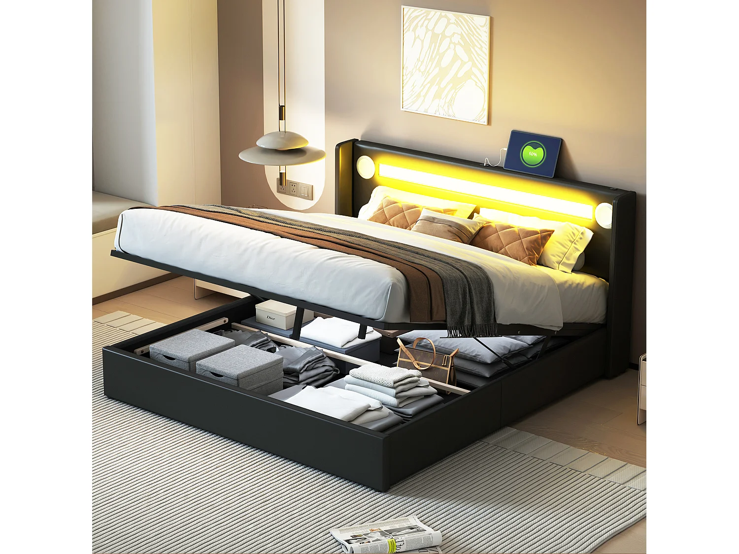 Lit tapissier moderne 160x200 avec Bluetooth, 2 ports USB, LED intégré et rangement hydraulique, PU-Leder noir