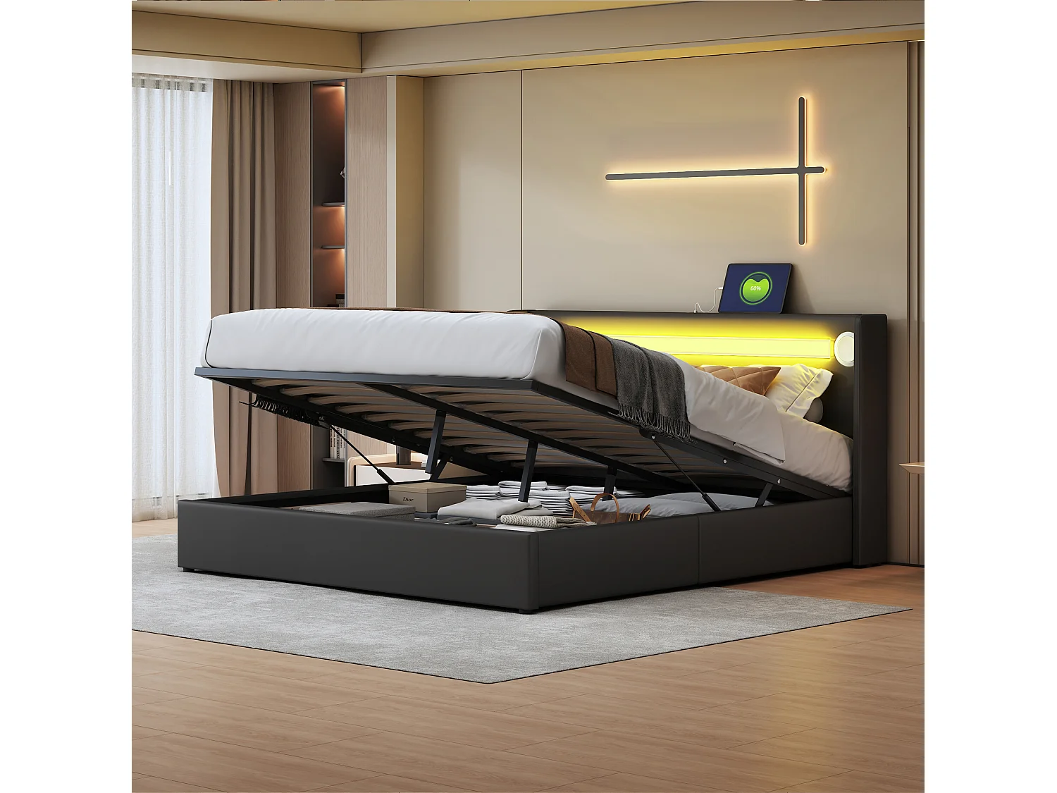 Lit tapissier moderne 160x200 avec Bluetooth, 2 ports USB, LED intégré et rangement hydraulique, PU-Leder noir