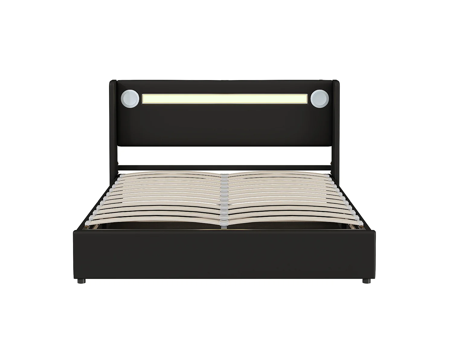 Lit tapissier moderne 160x200 avec Bluetooth, 2 ports USB, LED intégré et rangement hydraulique, PU-Leder noir