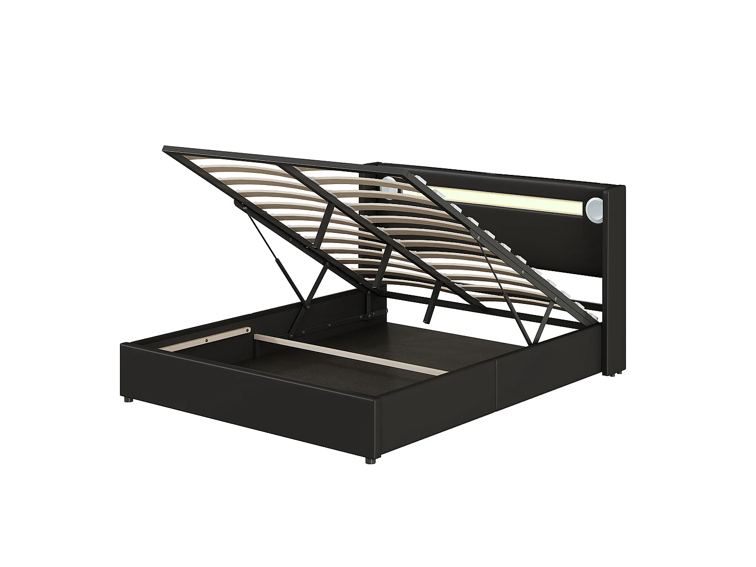 Lit tapissier moderne 160x200 avec Bluetooth, 2 ports USB, LED intégré et rangement hydraulique, PU-Leder noir