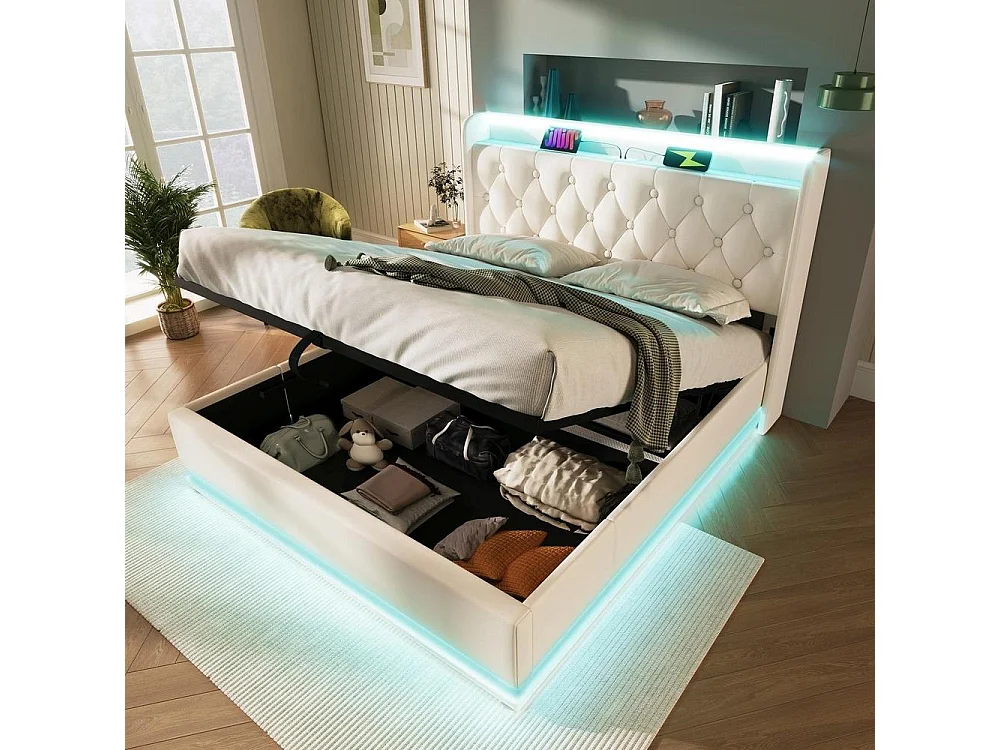 Lit double 140x190 cm PU, Polsterbett hydraulique, LED 360 surround, tête rembourrée, USB Type-C, rangement spacieux, blanc