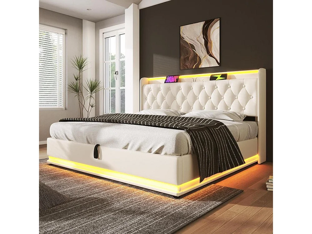 Lit double 140x190 cm PU, Polsterbett hydraulique, LED 360 surround, tête rembourrée, USB Type-C, rangement spacieux, blanc