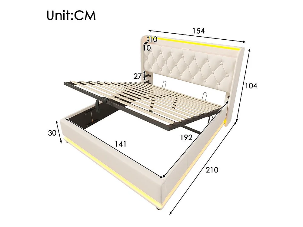 Lit double 140x190 cm PU, Polsterbett hydraulique, LED 360 surround, tête rembourrée, USB Type-C, rangement spacieux, blanc