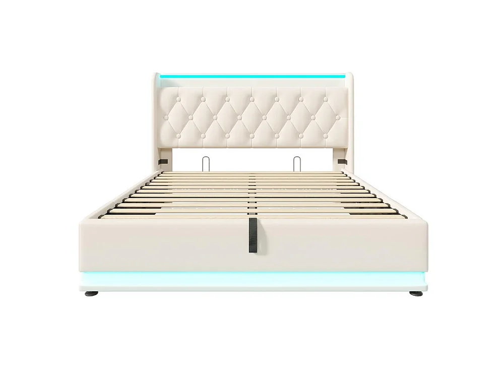 Lit double 140x190 cm PU, Polsterbett hydraulique, LED 360 surround, tête rembourrée, USB Type-C, rangement spacieux, blanc