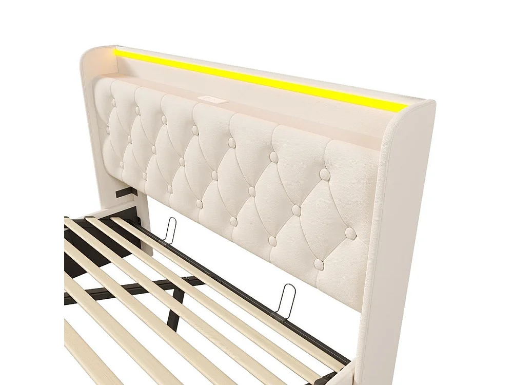 Lit double 140x190 cm PU, Polsterbett hydraulique, LED 360 surround, tête rembourrée, USB Type-C, rangement spacieux, blanc
