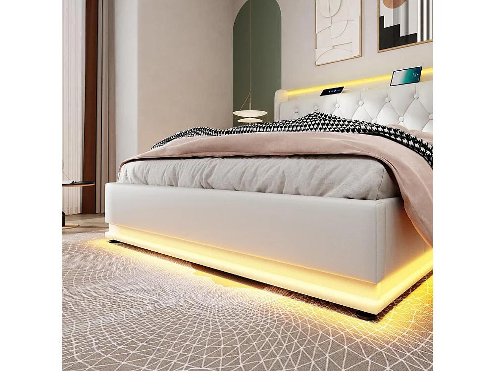 Lit double 140x190 cm PU, Polsterbett hydraulique, LED 360 surround, tête rembourrée, USB Type-C, rangement spacieux, blanc