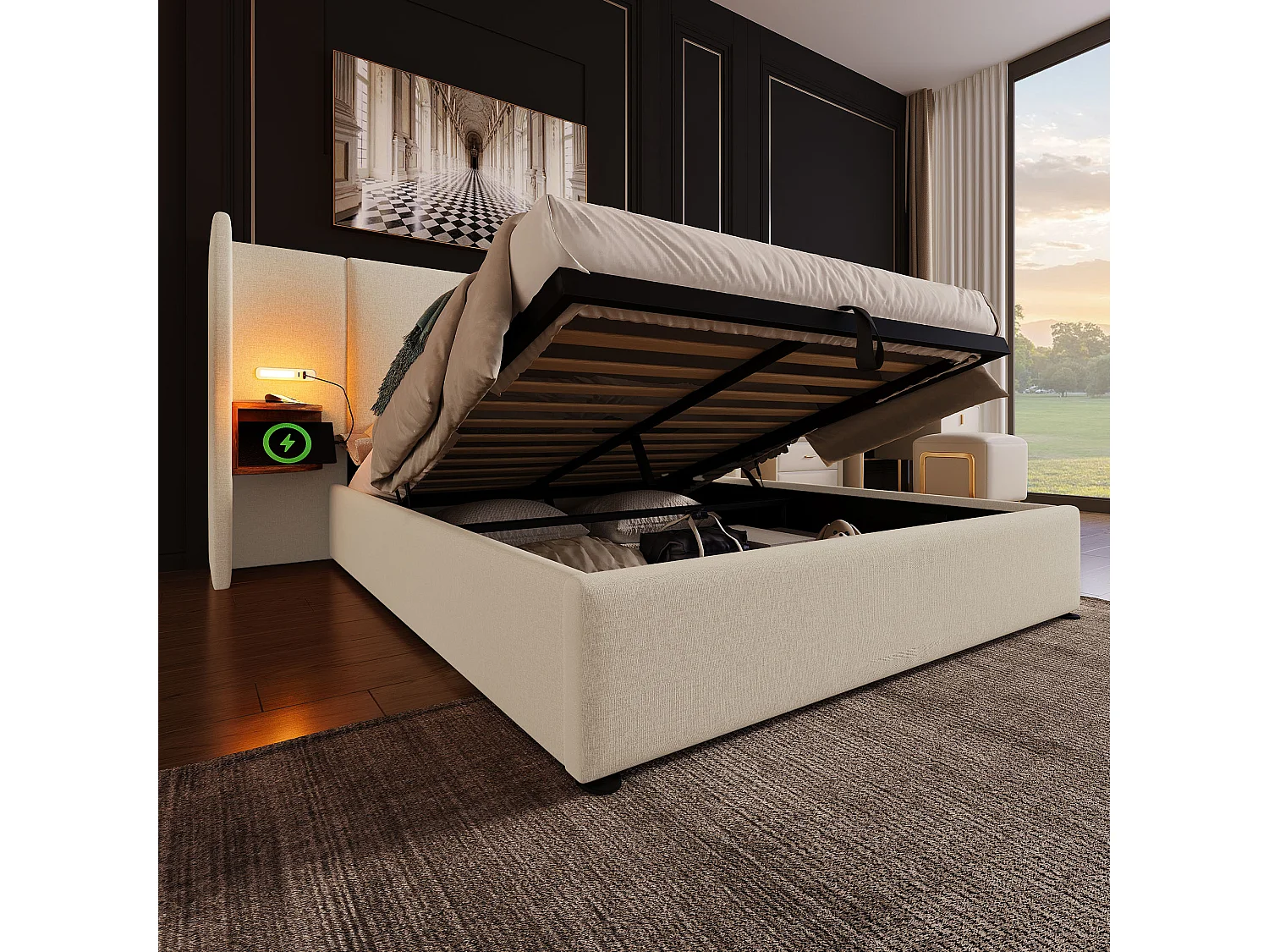 Lit Double 160x200, Suspendu, Lampe & USB, Tablette, Structure Bois Massif, Sans Matelas, Beige
