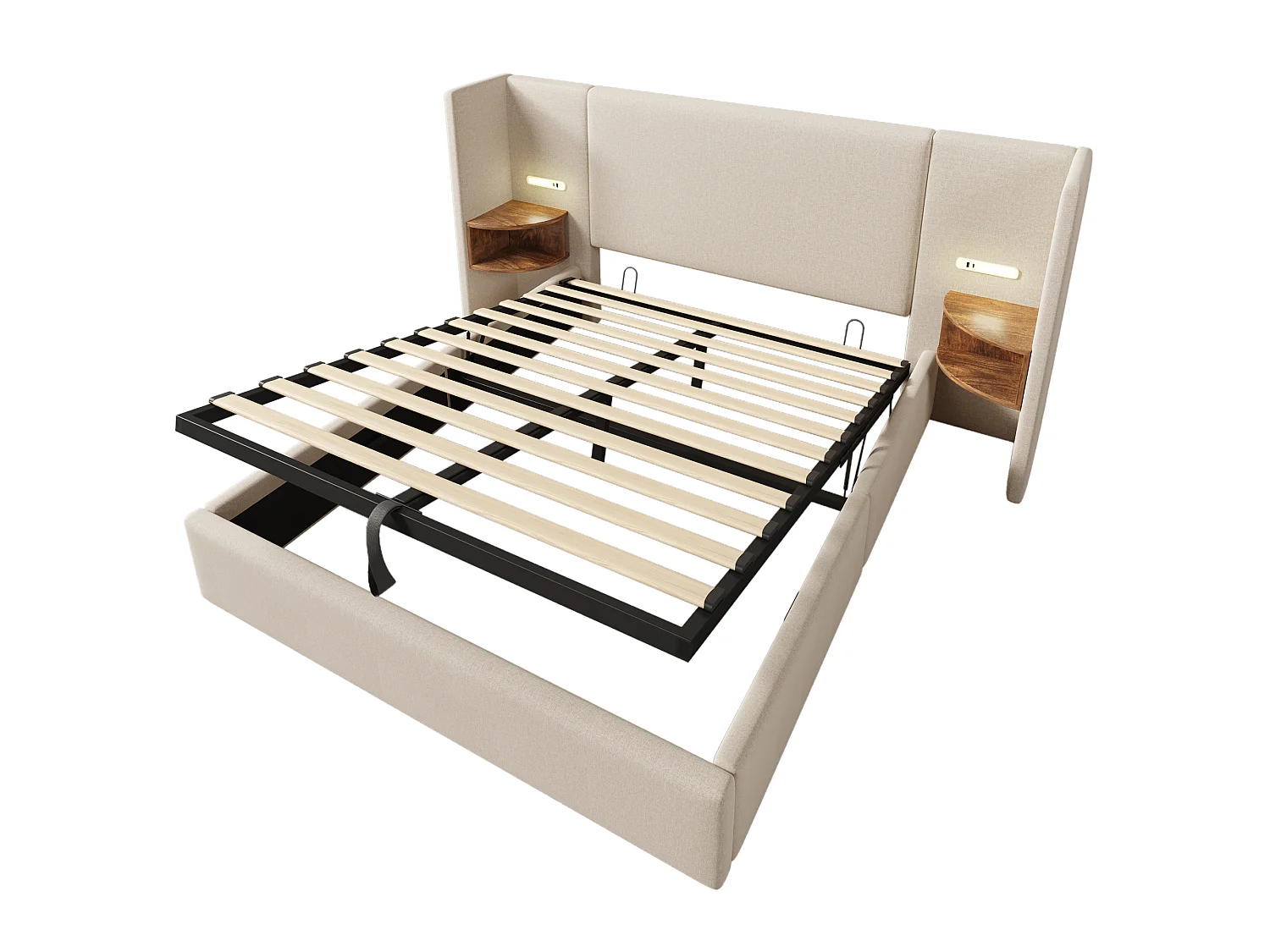 Lit Double 160x200, Suspendu, Lampe & USB, Tablette, Structure Bois Massif, Sans Matelas, Beige