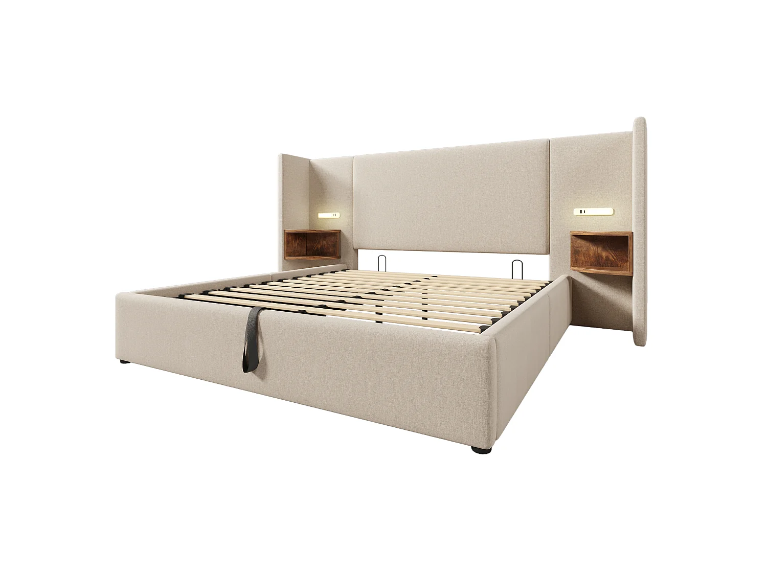 Lit Double 160x200, Suspendu, Lampe & USB, Tablette, Structure Bois Massif, Sans Matelas, Beige
