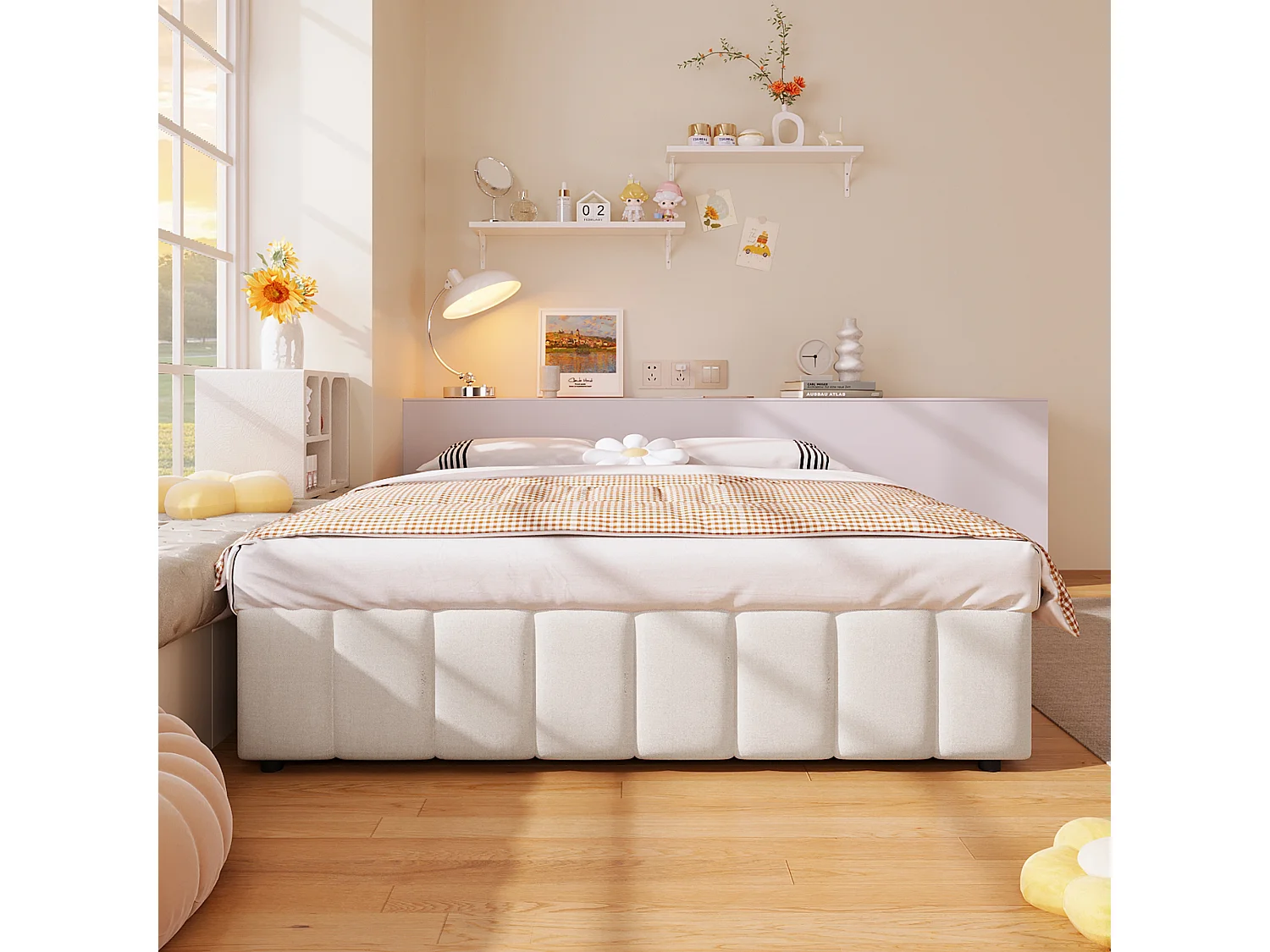 Lit Rembourré Lin Beige 140x200 cm avec Rangement Hydraulique, Sans Tête de Lit Design Minimaliste, MDF Écologique
