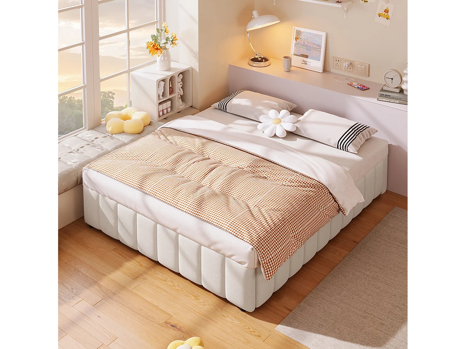 Lit Rembourré Lin Beige 140x200 cm avec Rangement Hydraulique, Sans Tête de Lit Design Minimaliste, MDF Écologique