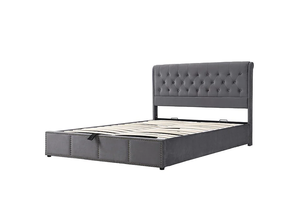 Lit coffre 140x200 cm avec hydraulique, rangement, sommier à lattes, velours, avec tabouret de rangement assorti, gris
