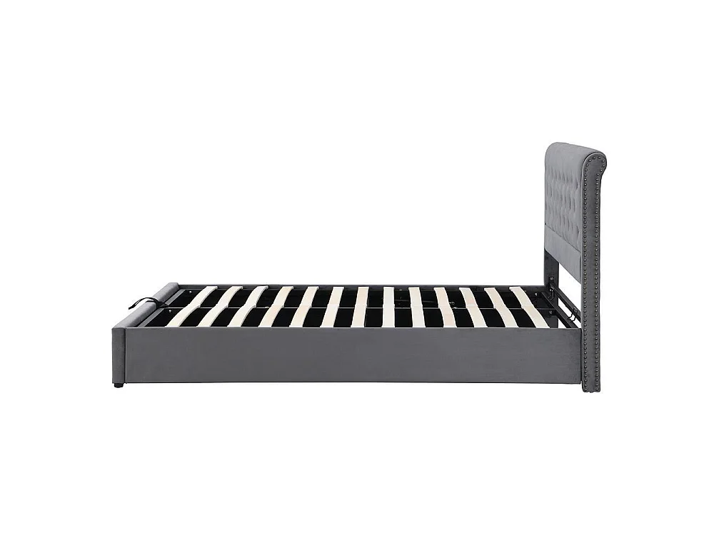 Lit coffre 140x200 cm avec hydraulique, rangement, sommier à lattes, velours, avec tabouret de rangement assorti, gris