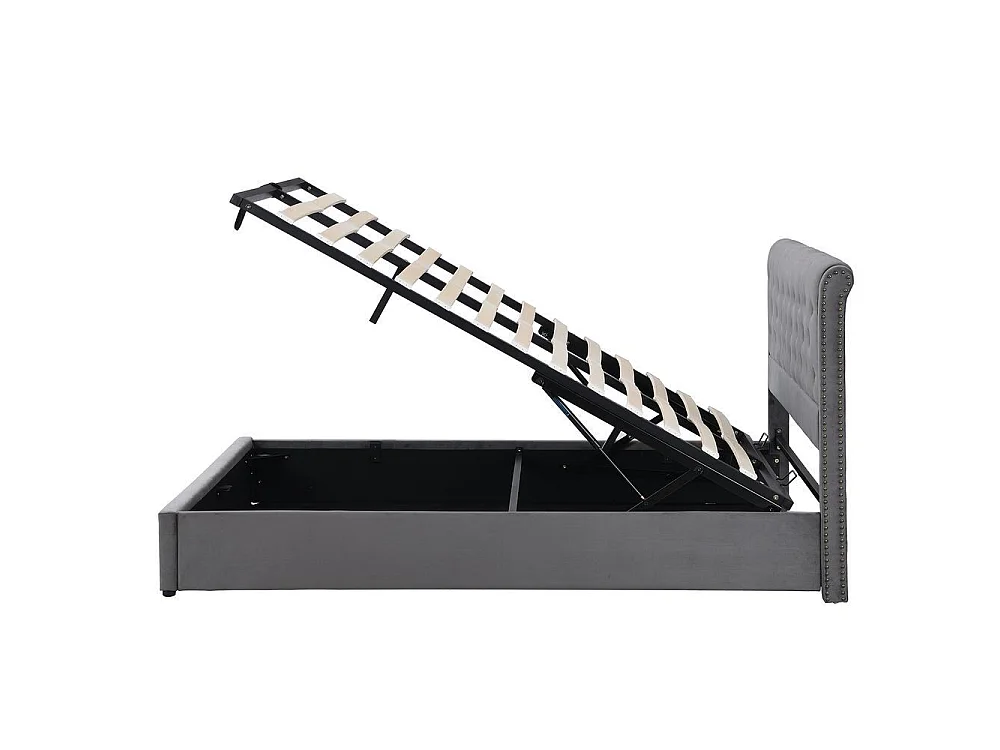 Lit coffre 140x200 cm avec hydraulique, rangement, sommier à lattes, velours, avec tabouret de rangement assorti, gris
