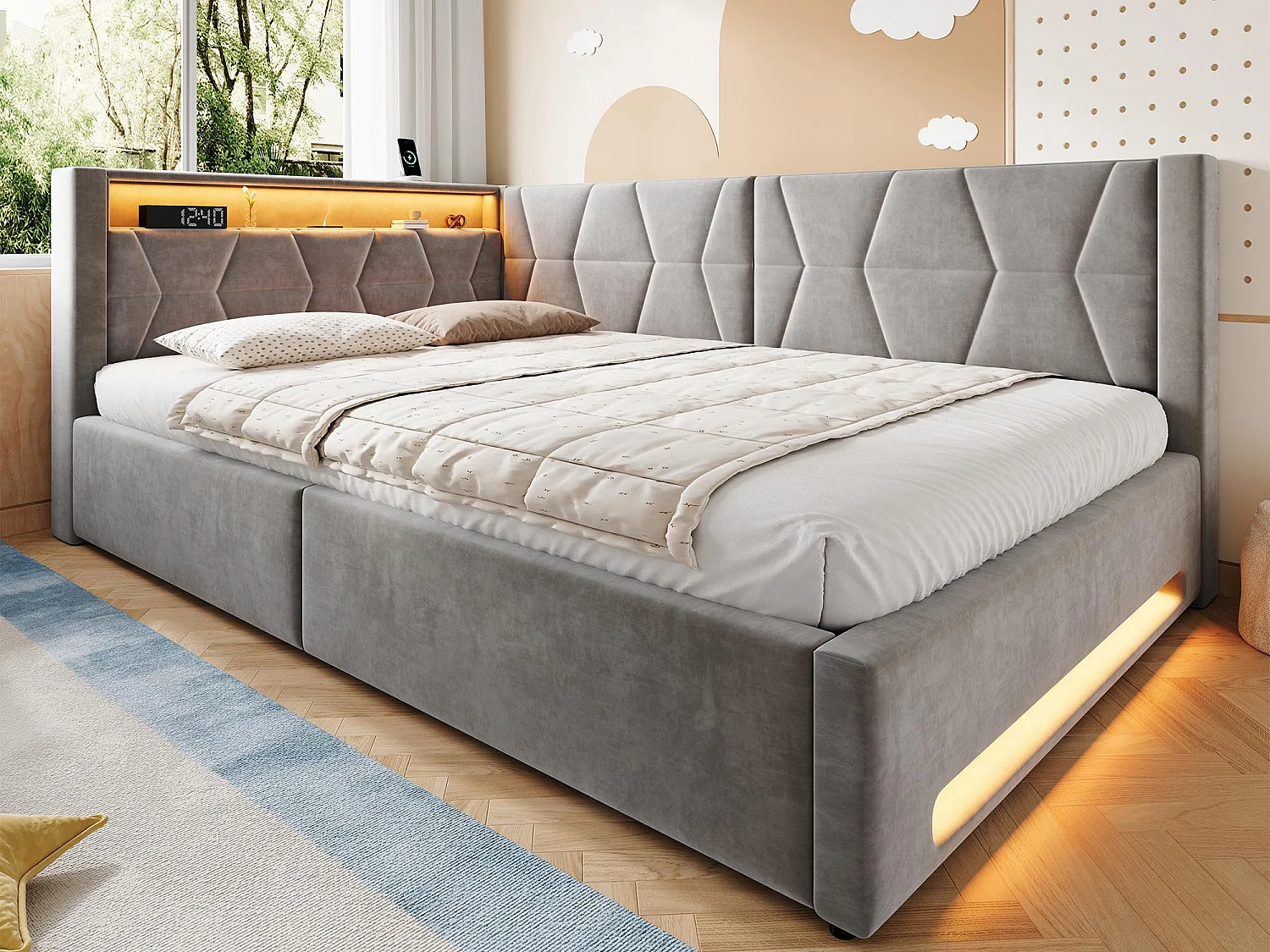 Lit Coffre Banquette Gain de Place avec Niche, USB/Type-C, LED & Coffre Hydraulique – La Solution Idéale pour Petite Chambre (Beige/Gris, 90x200/140x200)