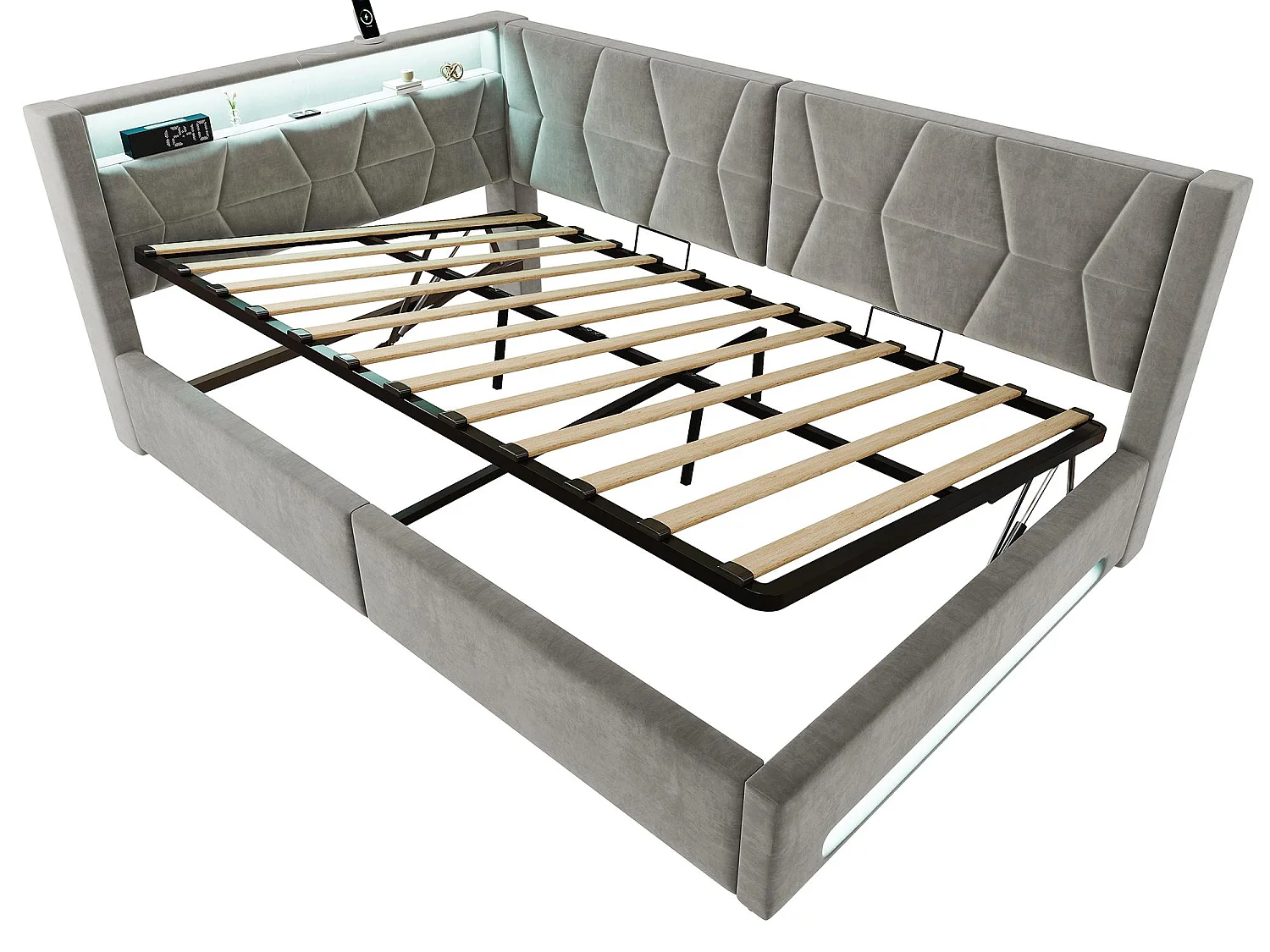 Lit Coffre Banquette Gain de Place avec Niche, USB/Type-C, LED & Coffre Hydraulique – La Solution Idéale pour Petite Chambre (Beige/Gris, 90x200/140x200)