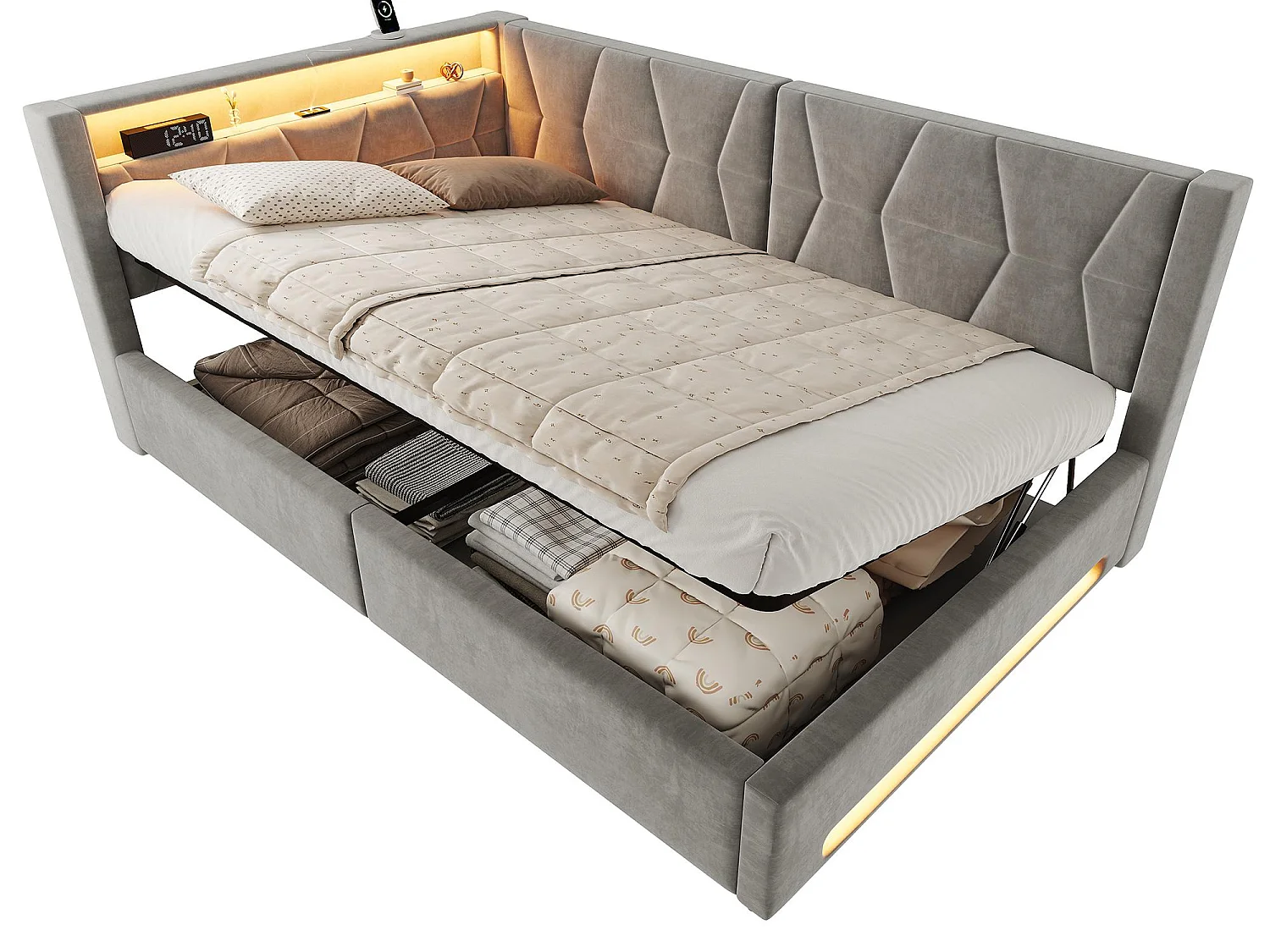 Lit Coffre Banquette Gain de Place avec Niche, USB/Type-C, LED & Coffre Hydraulique – La Solution Idéale pour Petite Chambre (Beige/Gris, 90x200/140x200)