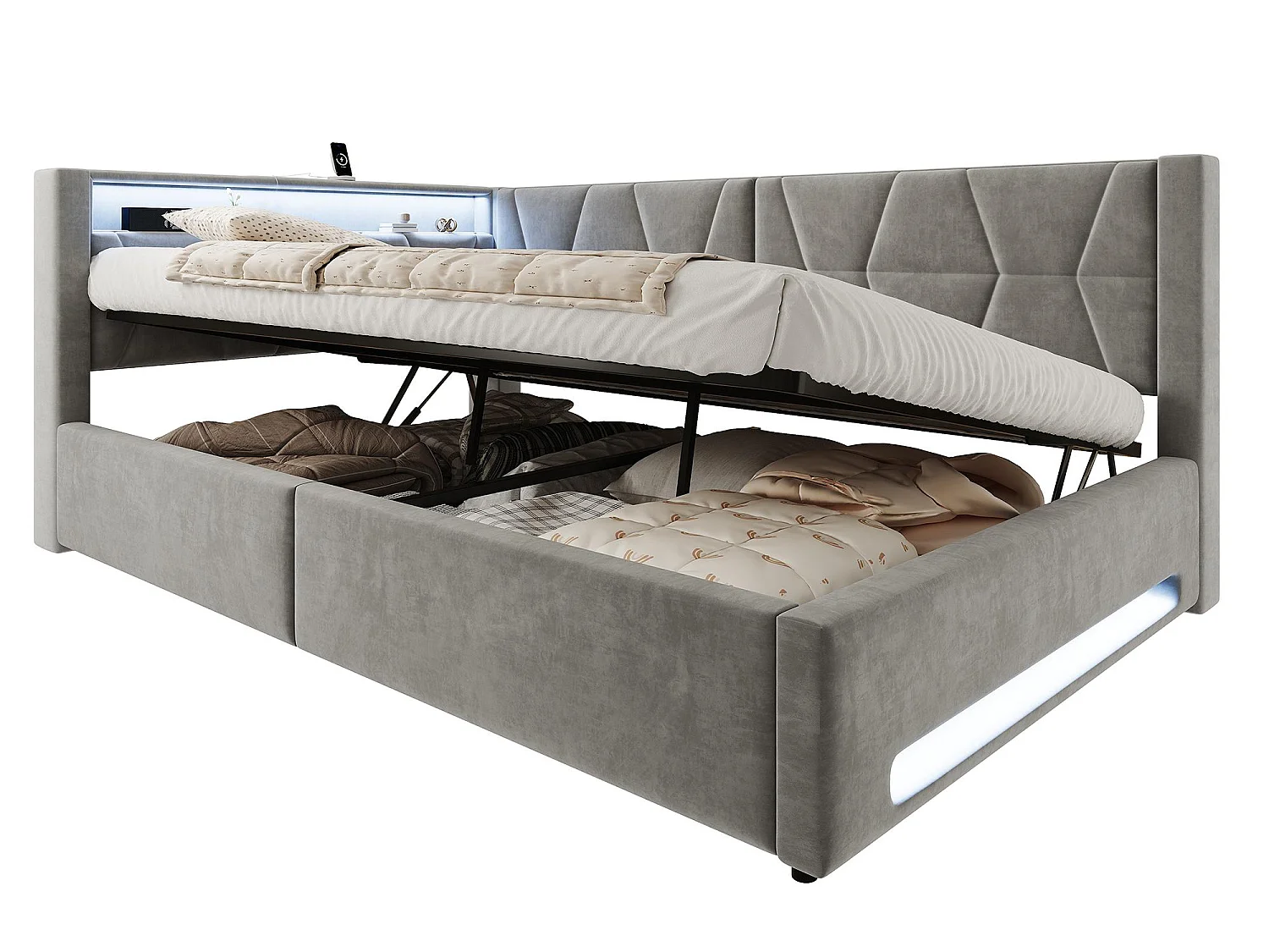 Lit Coffre Banquette Gain de Place avec Niche, USB/Type-C, LED & Coffre Hydraulique – La Solution Idéale pour Petite Chambre (Beige/Gris, 90x200/140x200)