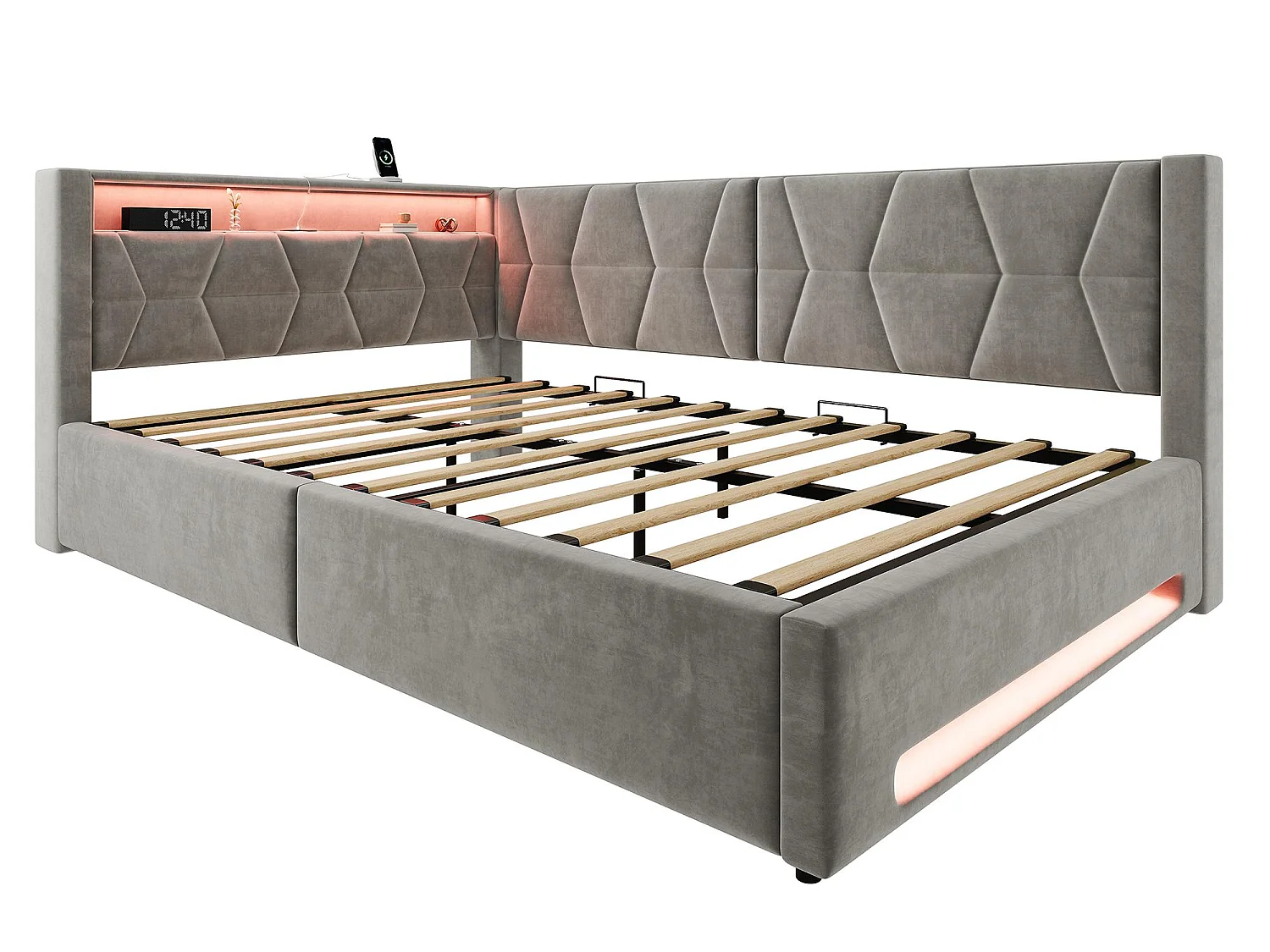 Lit Coffre Banquette Gain de Place avec Niche, USB/Type-C, LED & Coffre Hydraulique – La Solution Idéale pour Petite Chambre (Beige/Gris, 90x200/140x200)