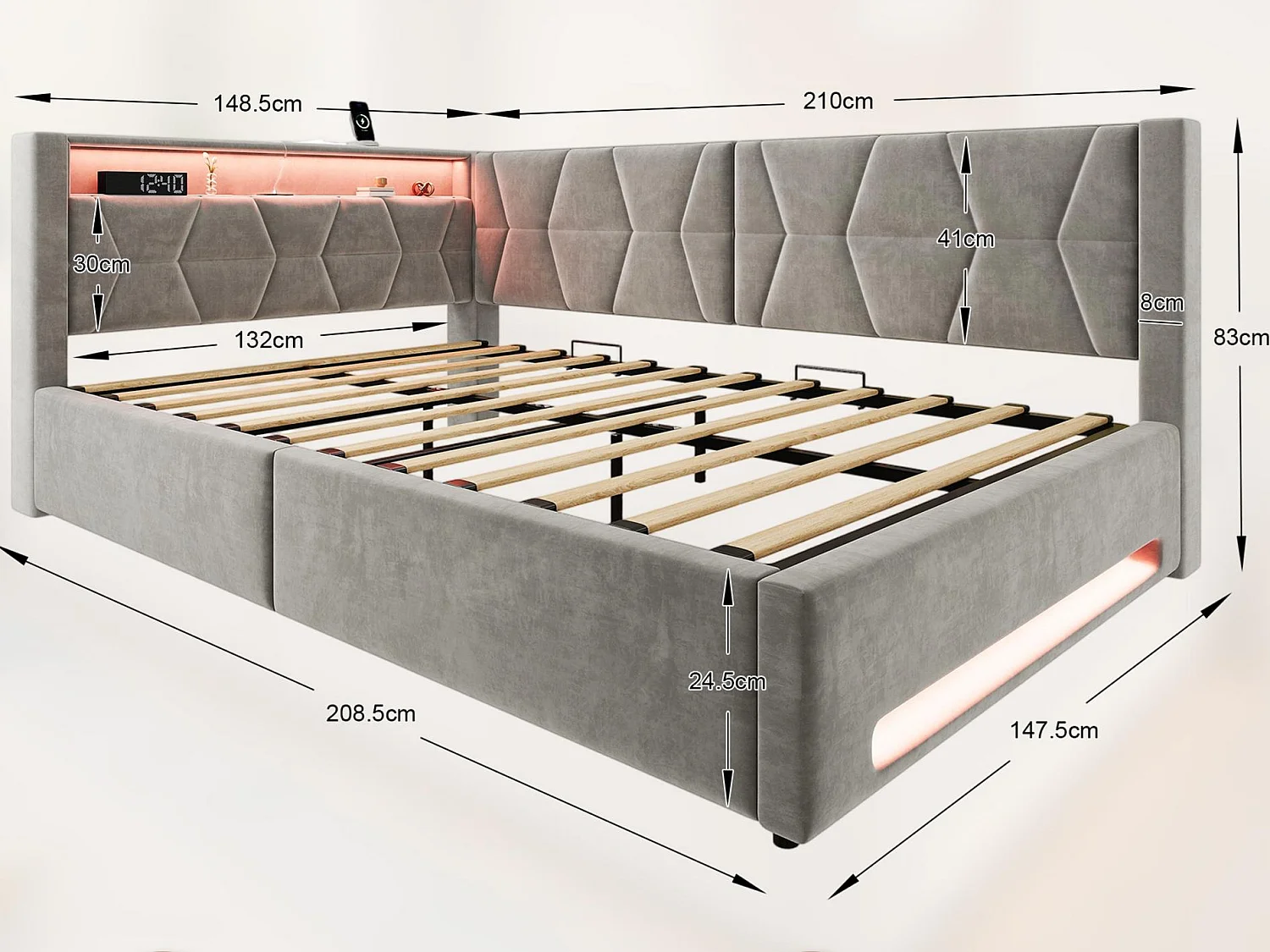 Lit Coffre Banquette Gain de Place avec Niche, USB/Type-C, LED & Coffre Hydraulique – La Solution Idéale pour Petite Chambre (Beige/Gris, 90x200/140x200)