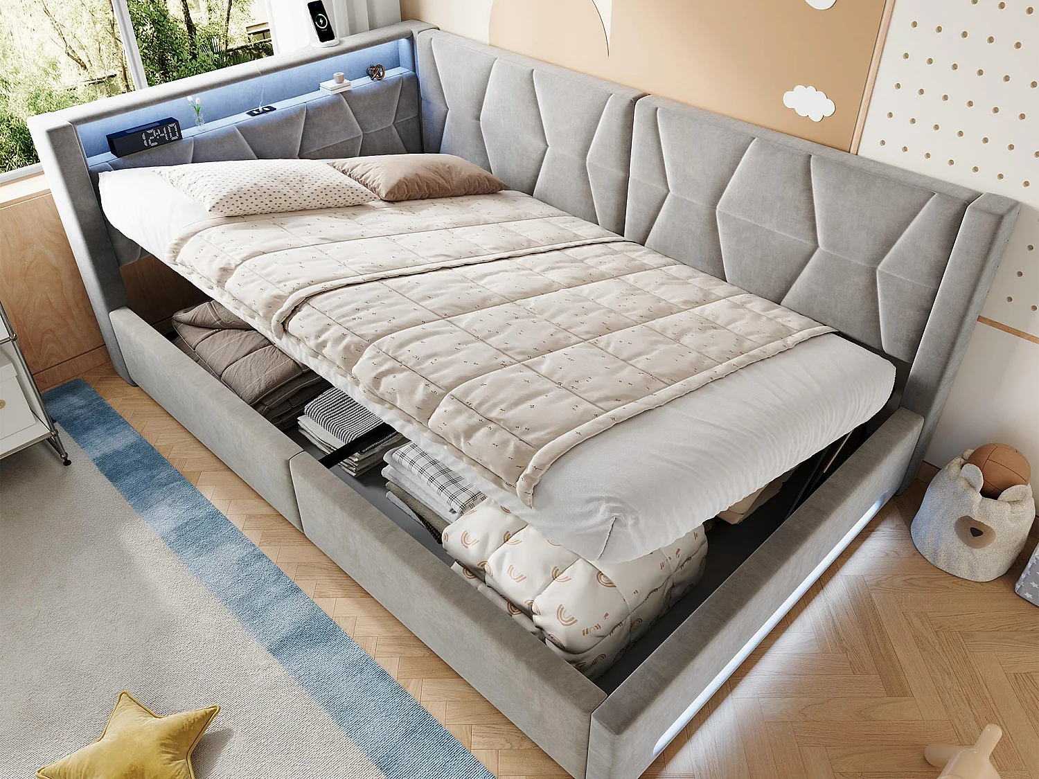 Lit Coffre Banquette Gain de Place avec Niche, USB/Type-C, LED & Coffre Hydraulique – La Solution Idéale pour Petite Chambre (Beige/Gris, 90x200/140x200)