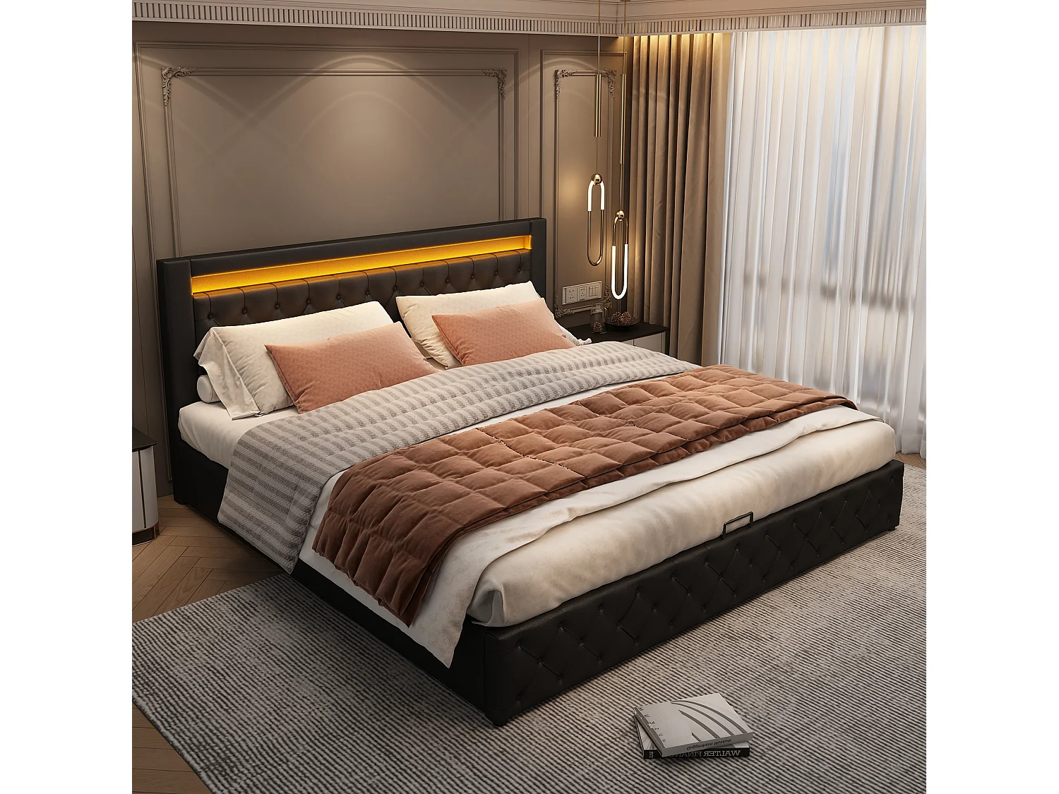 Lit capitonné 140x190 cm, avec coffre hydraulique, éclairage LED, sommier à lattes et revêtement en PU, noir