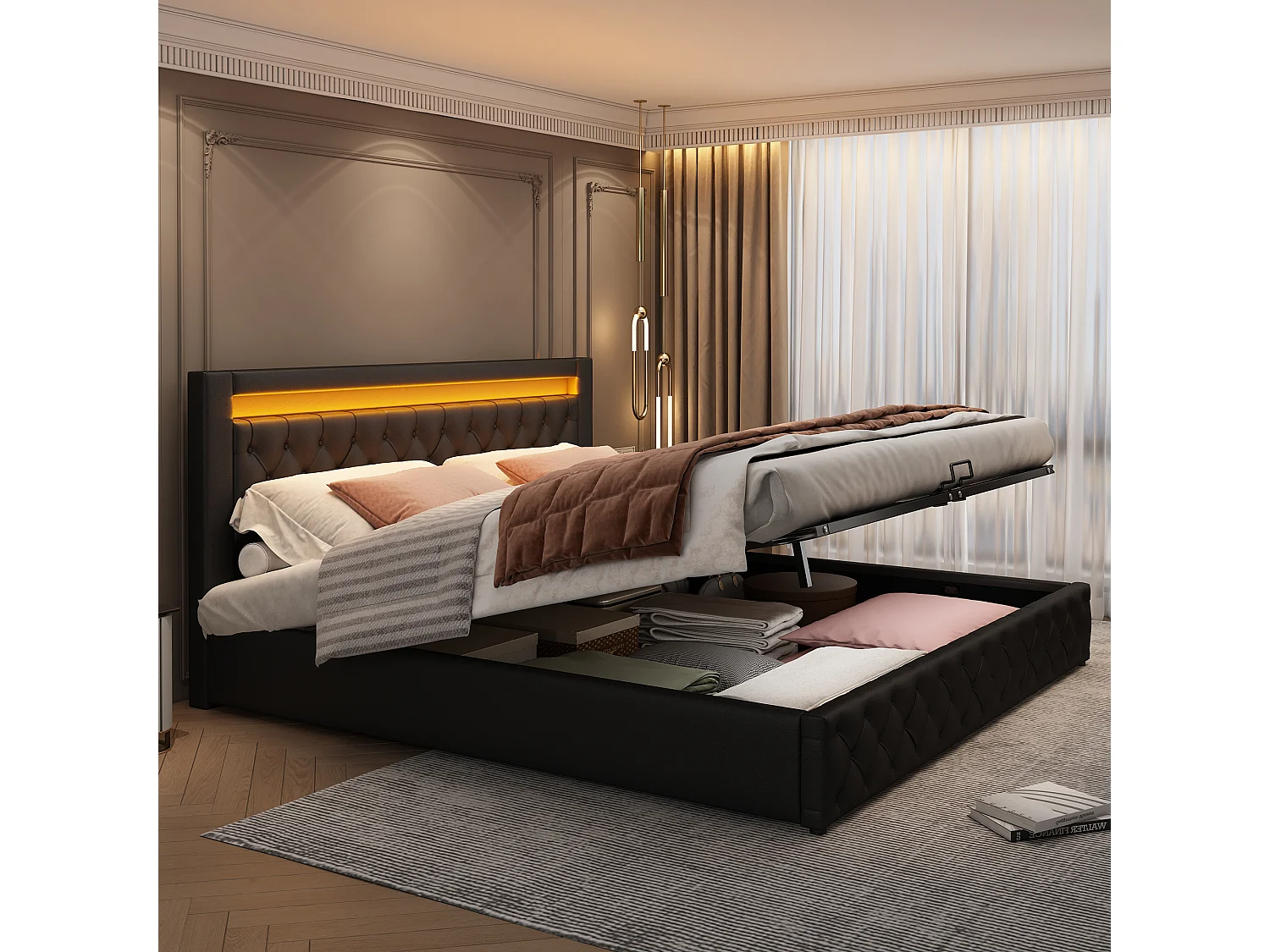 Lit capitonné 140x190 cm, avec coffre hydraulique, éclairage LED, sommier à lattes et revêtement en PU, noir
