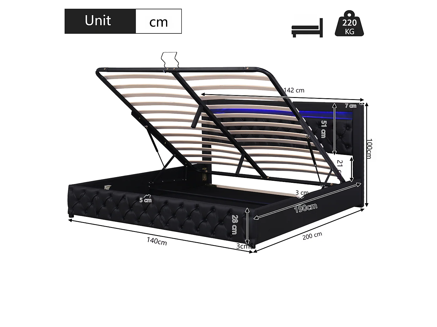Lit capitonné 140x190 cm, avec coffre hydraulique, éclairage LED, sommier à lattes et revêtement en PU, noir
