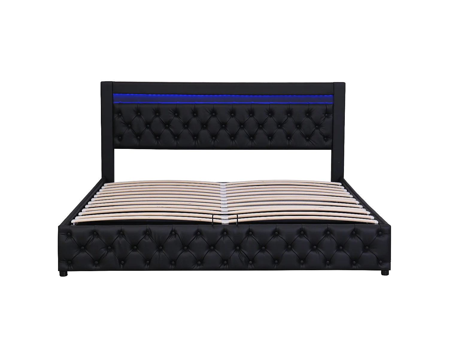 Lit capitonné 140x190 cm, avec coffre hydraulique, éclairage LED, sommier à lattes et revêtement en PU, noir