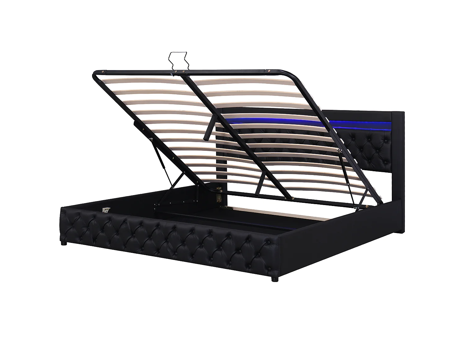 Lit capitonné 140x190 cm, avec coffre hydraulique, éclairage LED, sommier à lattes et revêtement en PU, noir