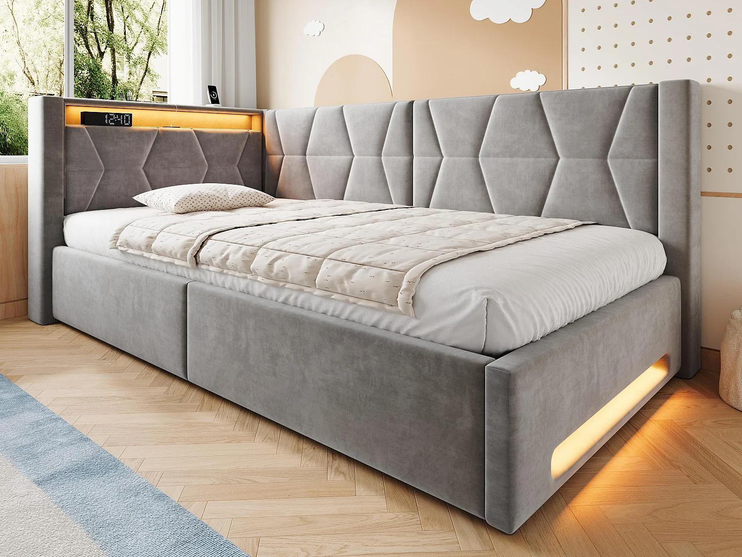 Lit Coffre Banquette Gain de Place avec Niche, USB/Type-C, LED & Coffre Hydraulique – La Solution Idéale pour Petite Chambre (Gris, 90x200)