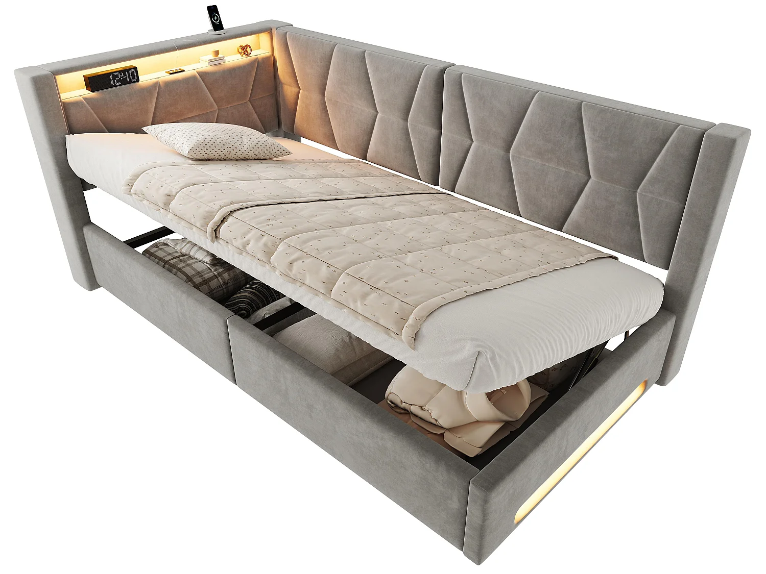 Lit Coffre Banquette Gain de Place avec Niche, USB/Type-C, LED & Coffre Hydraulique – La Solution Idéale pour Petite Chambre (Gris, 90x200)