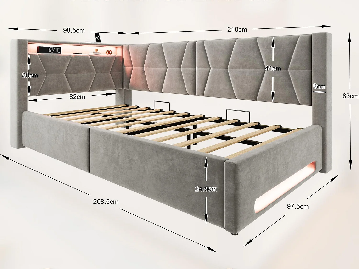 Lit Coffre Banquette Gain de Place avec Niche, USB/Type-C, LED & Coffre Hydraulique – La Solution Idéale pour Petite Chambre (Gris, 90x200)