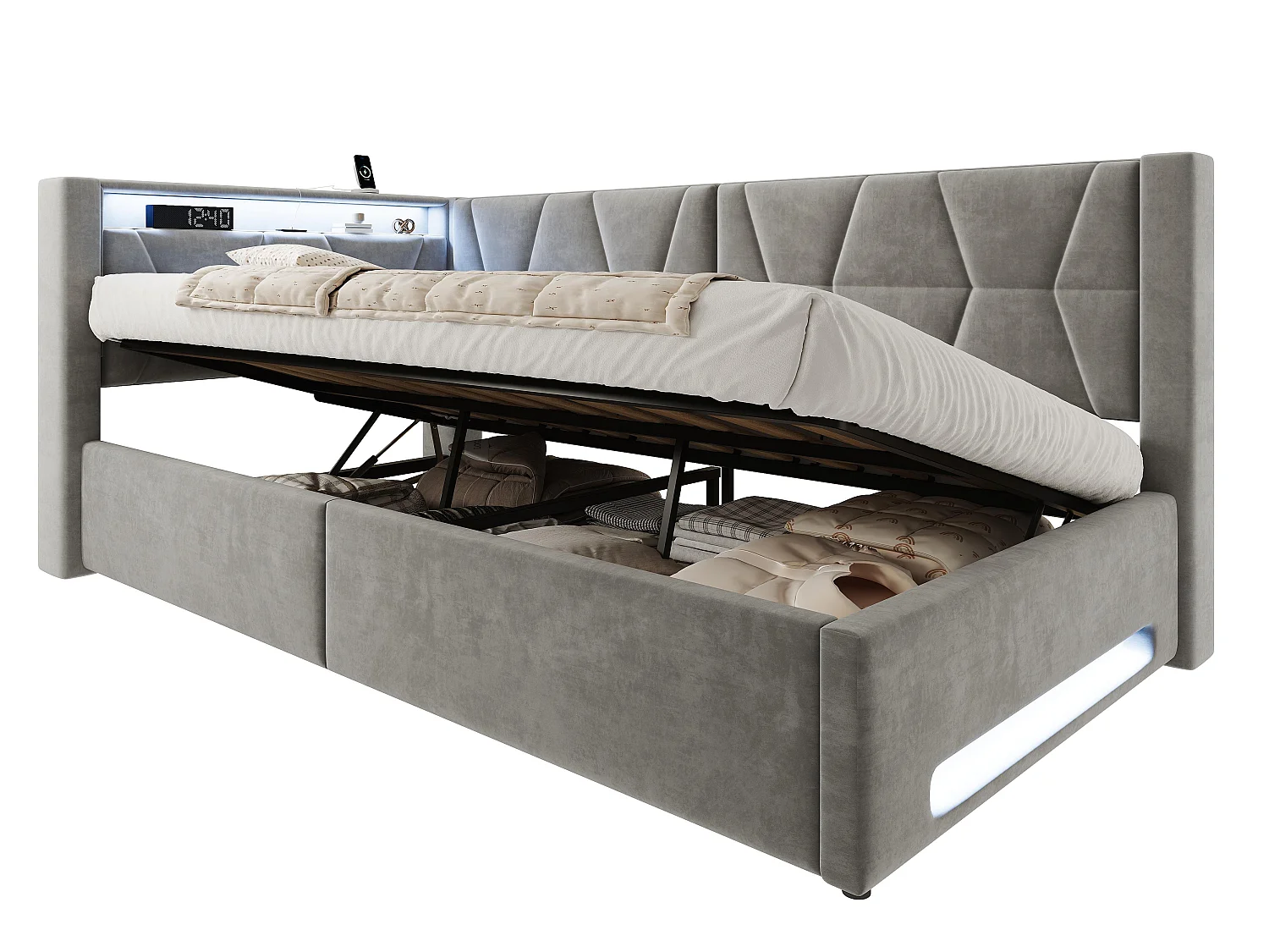 Lit Coffre Banquette Gain de Place avec Niche, USB/Type-C, LED & Coffre Hydraulique – La Solution Idéale pour Petite Chambre (Gris, 90x200)
