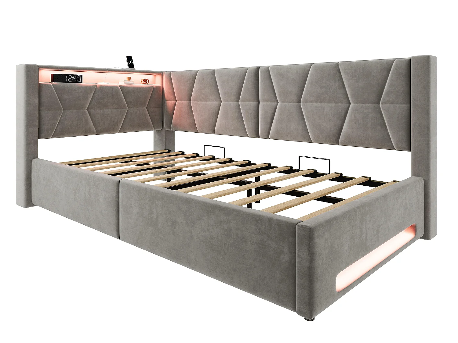 Lit Coffre Banquette Gain de Place avec Niche, USB/Type-C, LED & Coffre Hydraulique – La Solution Idéale pour Petite Chambre (Gris, 90x200)