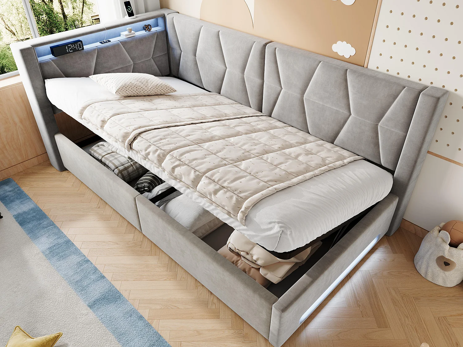 Lit Coffre Banquette Gain de Place avec Niche, USB/Type-C, LED & Coffre Hydraulique – La Solution Idéale pour Petite Chambre (Gris, 90x200)