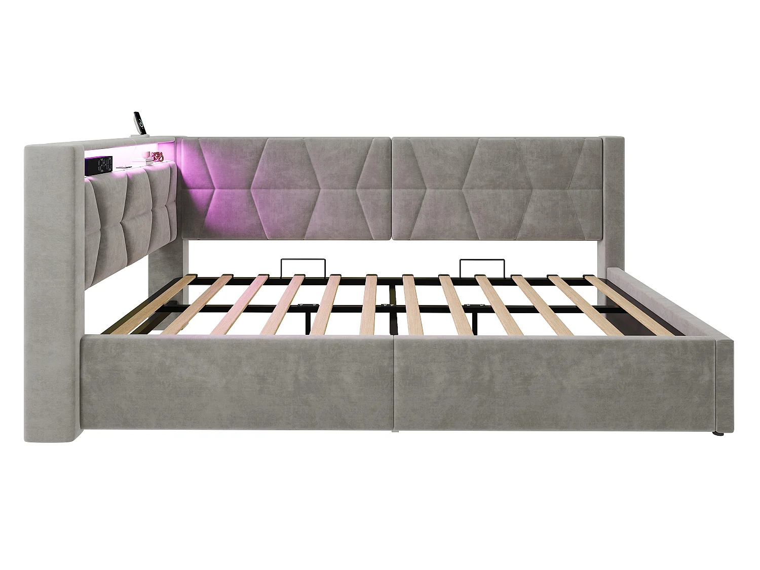 Lit Coffre Banquette Gain de Place avec Niche, USB/Type-C, LED & Coffre Hydraulique – La Solution Idéale pour Petite Chambre (Gris, 90x200)