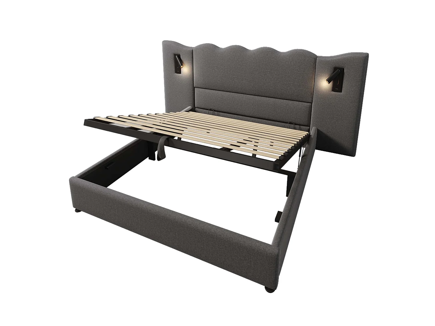 Lit double 180x200 cm en lin avec rangement hydraulique, liseuse et USB C, sommier à lattes en bois massif, gris