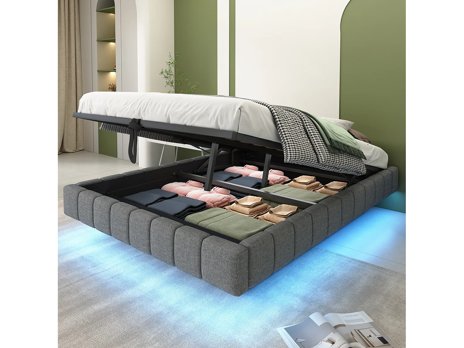 Lit tapissier suspendu multifonction 140x200 cm avec rangement hydraulique, LED intégrée, sans tête de lit, lin gris