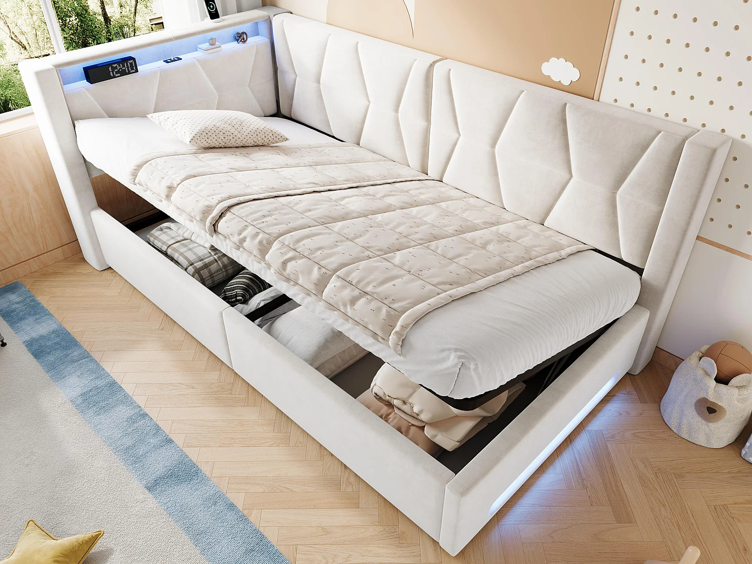 Lit Coffre Banquette Gain de Place avec Niche, USB/Type-C, LED & Coffre Hydraulique – La Solution Idéale pour Petite Chambre (Beige/Gris, 90x200/140x200)