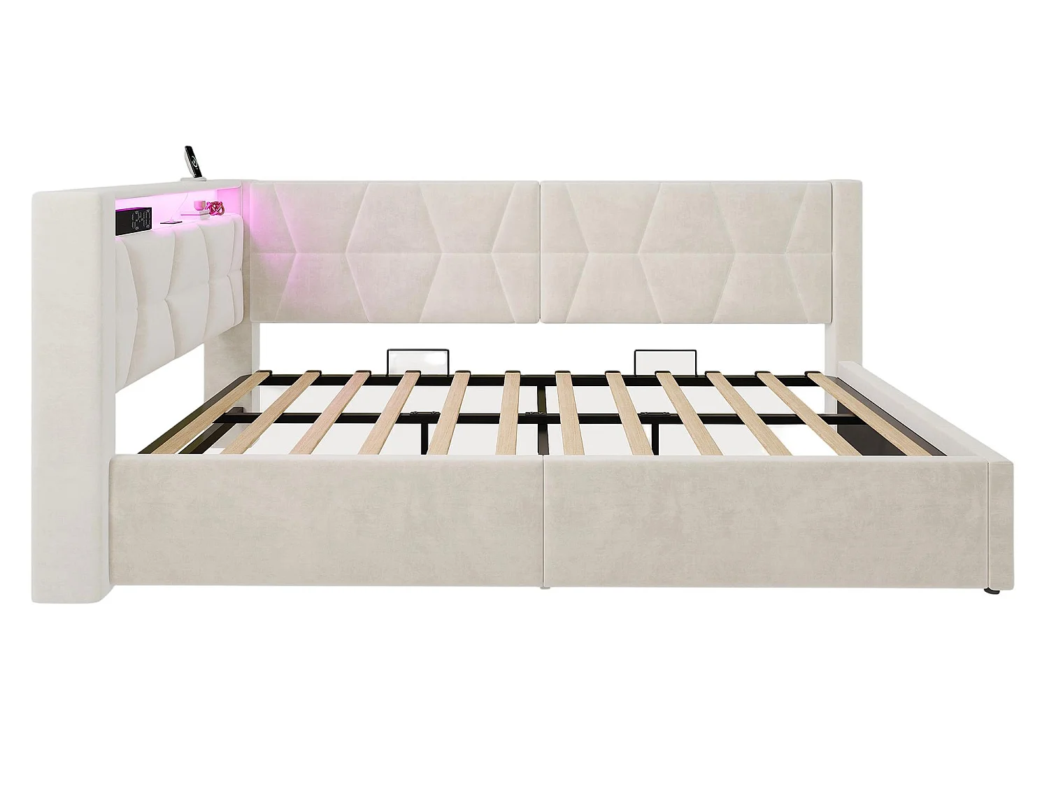 Lit Coffre Banquette Gain de Place avec Niche, USB/Type-C, LED & Coffre Hydraulique – La Solution Idéale pour Petite Chambre (Beige/Gris, 90x200/140x200)