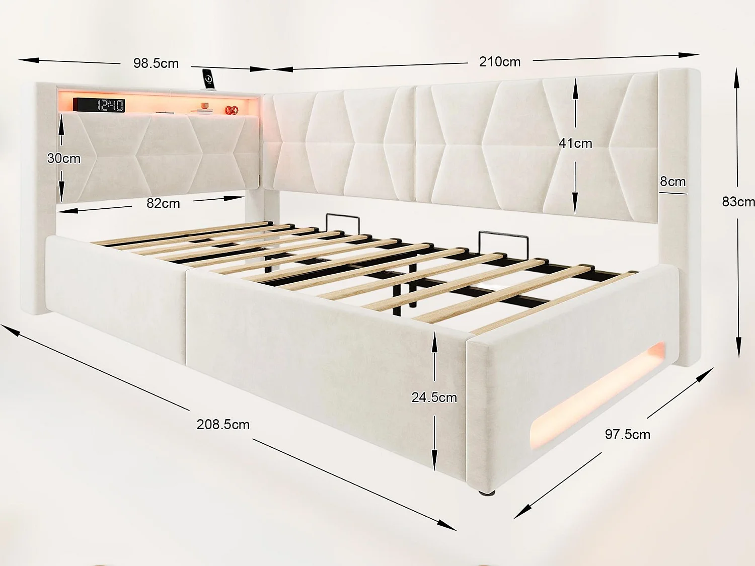Lit Coffre Banquette Gain de Place avec Niche, USB/Type-C, LED & Coffre Hydraulique – La Solution Idéale pour Petite Chambre (Beige/Gris, 90x200/140x200)