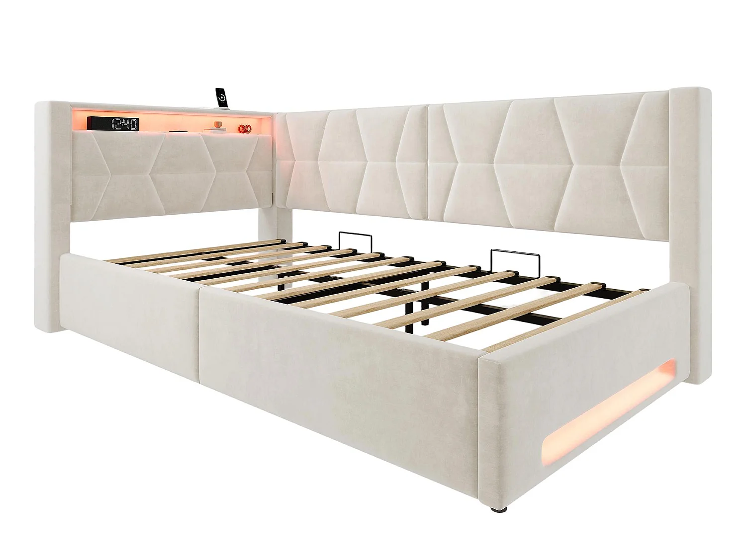 Lit Coffre Banquette Gain de Place avec Niche, USB/Type-C, LED & Coffre Hydraulique – La Solution Idéale pour Petite Chambre (Beige/Gris, 90x200/140x200)