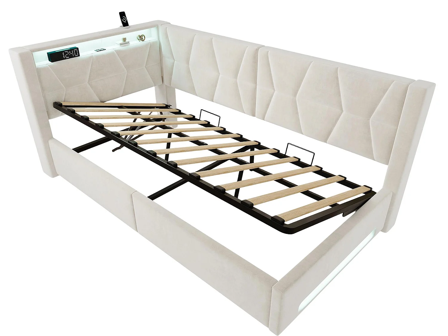 Lit Coffre Banquette Gain de Place avec Niche, USB/Type-C, LED & Coffre Hydraulique – La Solution Idéale pour Petite Chambre (Beige/Gris, 90x200/140x200)