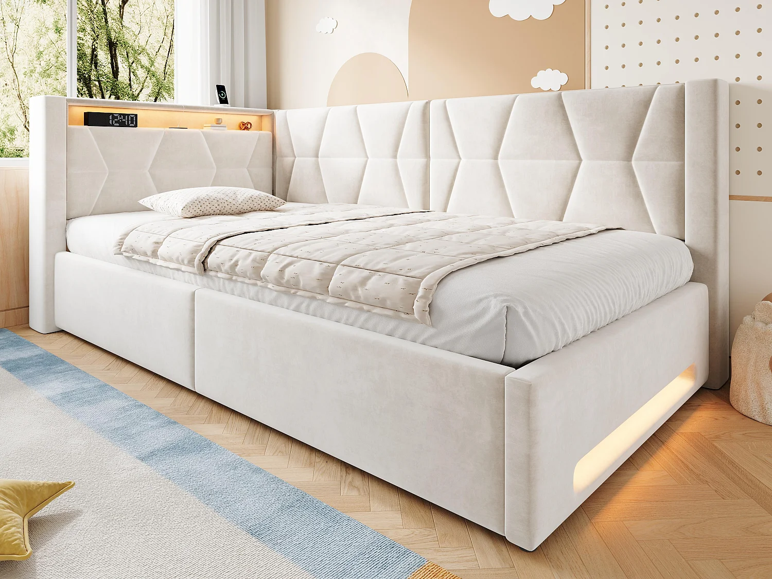 Lit Coffre Banquette Gain de Place avec Niche, USB/Type-C, LED & Coffre Hydraulique – La Solution Idéale pour Petite Chambre (Beige/Gris, 90x200/140x200)